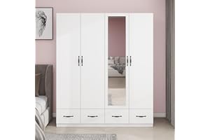 GraceGrove Wooden Armoire Wardrobe with Mirror, 4 Drawers and 4 Doors - Large Capacity Closet with Hanging Rods and Metal Handle - White