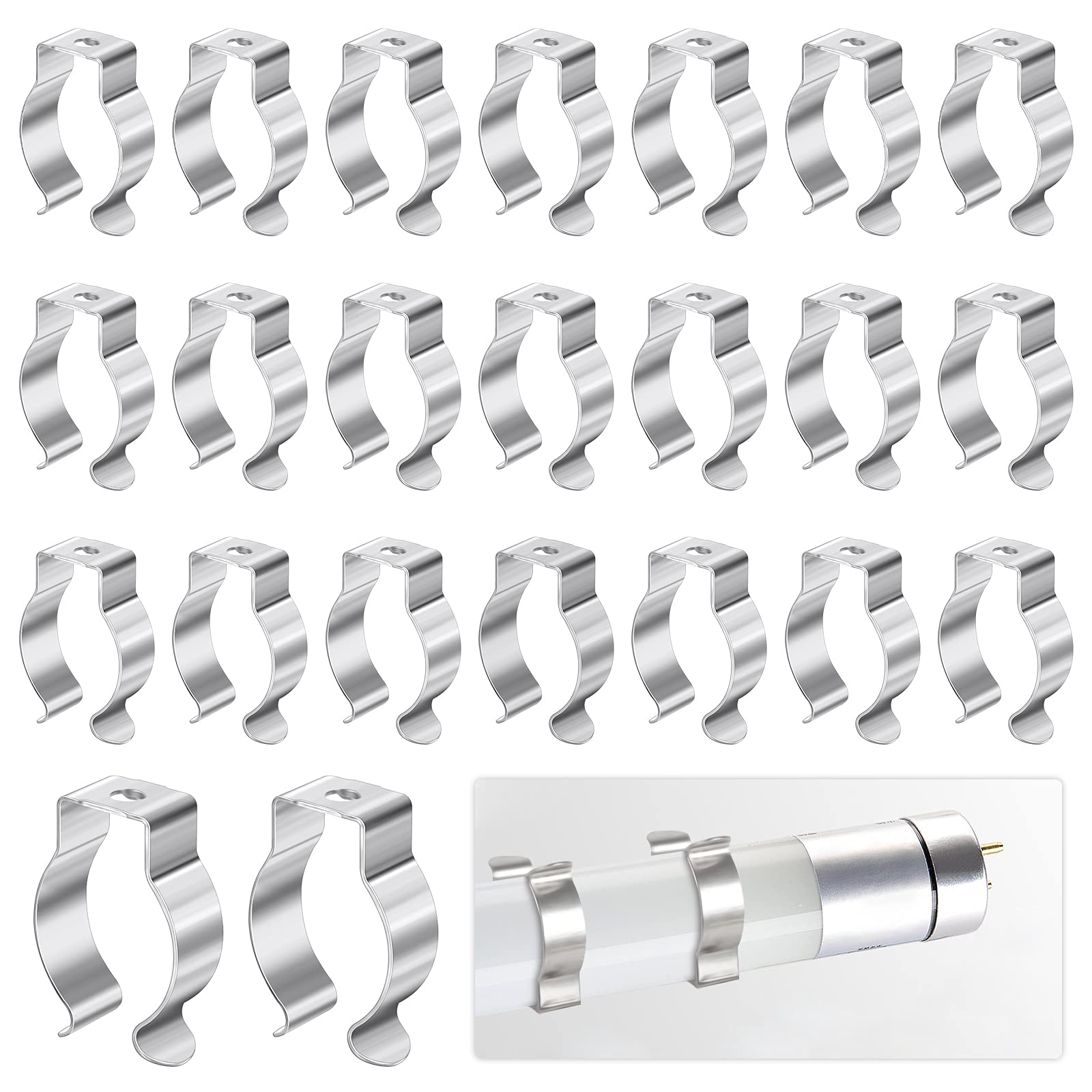 30Pcs Fluorescent Tube Clip T8 U Clips Holder Bracket LED Fluorescent Tube Replacement Mounting Accessories Stainless Steel Light Tube Support with 30Pcs Screws for Supporting T8 Led Tube(Silver)