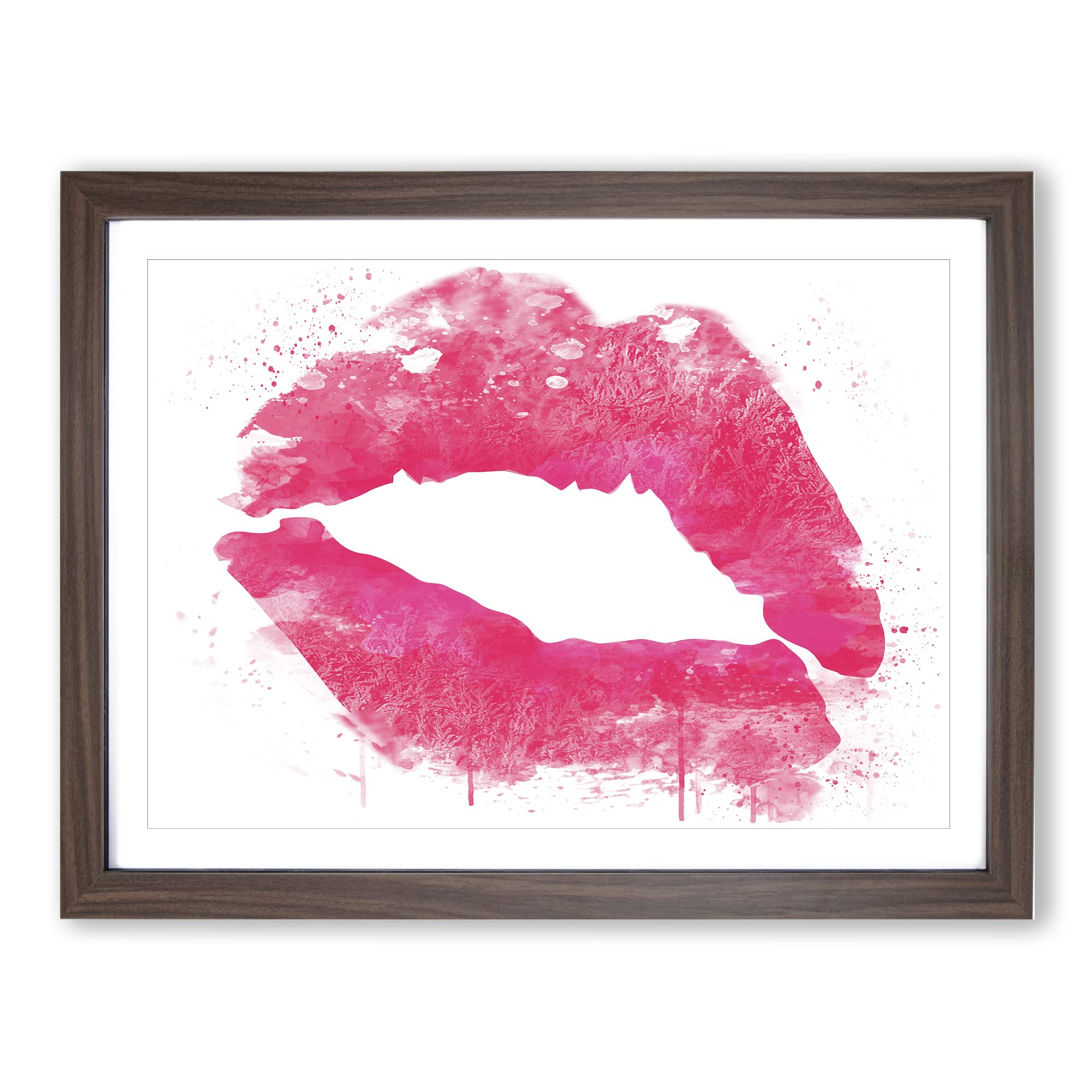 Hot Pink Lips Kiss V3 Modern Framed Wall Art Print, Ready to Hang Picture for Living Room Bedroom Home Office Décor, Walnut A3 (46 x 34 cm)