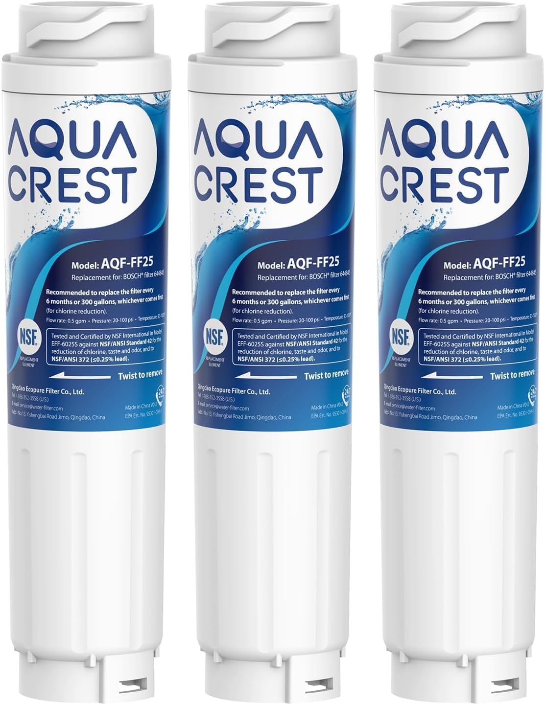 AQUACREST AQF-FF25 Fridge Water Filter, Replacement for Bosch Fridge Water Filter UltraClarity 644845, Neff Gaggenau Rangemaster 9000077104 740560 (3)