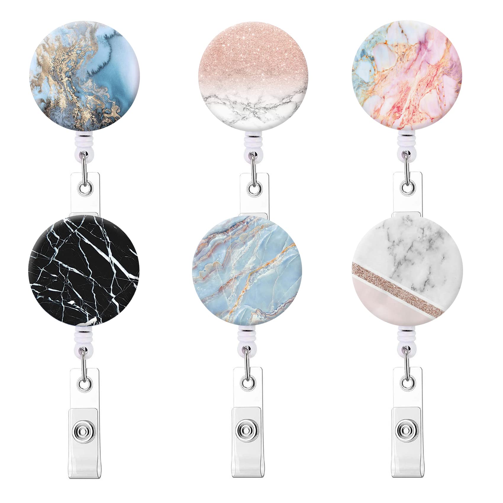 Badge Reel Marble Element Pattern Retractable Reel Holder Reel with Alligator Clip - 6pcs