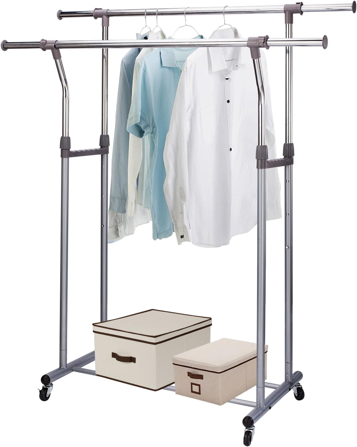 Rukerway Heavy Duty Garment Rack Double Rail Adjustable Clothing Rack Supreme Rolling Rack Laundry Drying Rack, Chrome Finish (Double Rail)