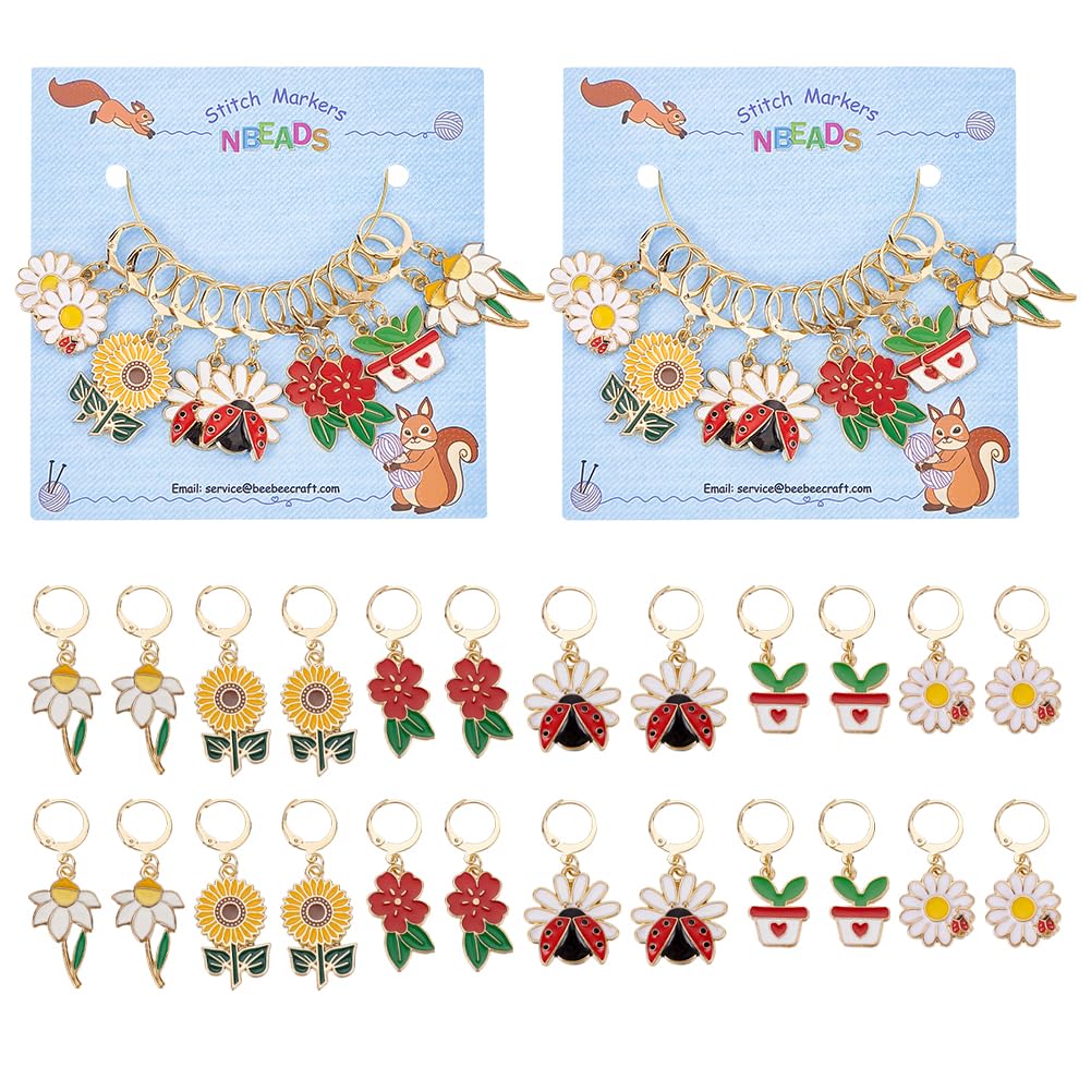 NBEADS 24 Pcs Plant Theme Stitch Markers, Alloy Enamel Crochet Stitch Marker Charms Removable Dangle Locking Stitch Marker for Knitting Weaving Sewing Accessories Quilting Jewelry Making — image 1
