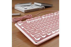 SEUNKWANG Wired Computer Keyboard with White Backlit, Aesthetic Full Size Wired Keyboard with Pudding Keycaps, Aluminum Alloy Metal Panel, Quiet Keyboard for Office Women, Work, PC-Pink