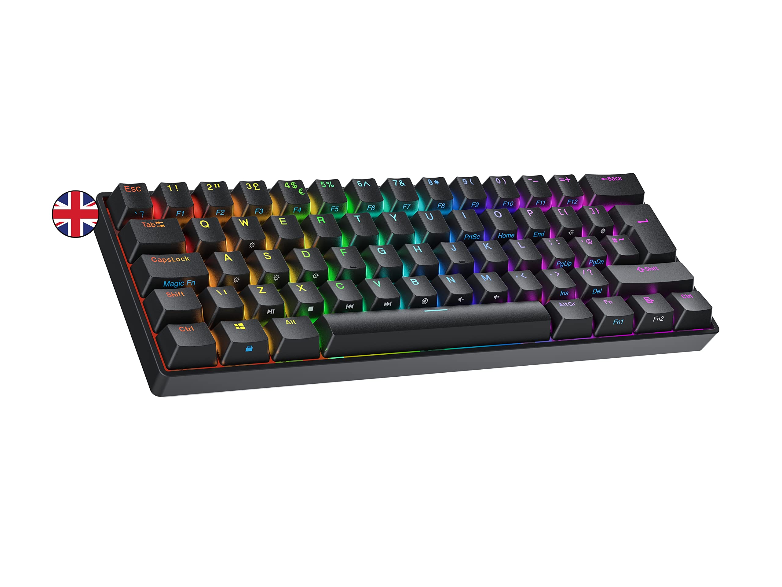 Ranked N60 Nova 60% | Hot Swappable Mechanical Gaming Keyboard | 62 Keys Multi Color RGB LED Backlit for PC/Mac Gamer | ISO UK Layout (Black, Gateron Red)