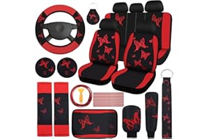 BBTO 43 Pcs Butterfly Car Seat Full Set Butterfly Car Accessories for Women 5 Front Rear Seat Covers Wrist Strap 2 Pcs Cup Mat Armrest Pad 2 Belt Xmas Cover Accessories for SUV(Red, Black)