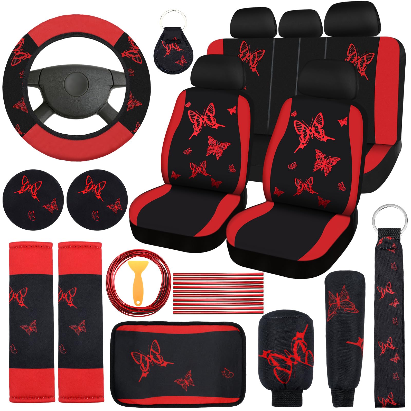 Photo 1 of BBTO 43 Pcs Butterfly Car Seat Full Set Butterfly Car Accessories for Women 5 Front Rear Seat Covers Wrist Strap 2 Pcs Cup Mat Armrest Pad 2 Belt Cover Accessories for SUV(Red, Black)
