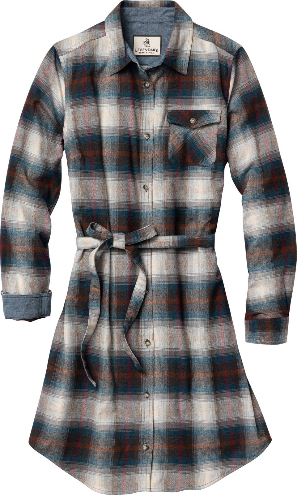 Legendary Whitetails Women’s Plaid Flannel Dress with Pockets and Belt Long Sleeve Button Up Tunic, Winter Lights Plaid, Large