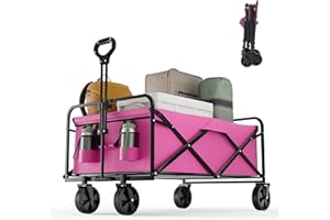 OGCAU Collapsible Foldable Wagon, Heavy Duty Beach Cart, Folding Wagon Portable, Pink Large Capacity Utility Wagon, Garden Cart with Adjustable Handle & Side Pocket for Shopping, Camping, Outdoor