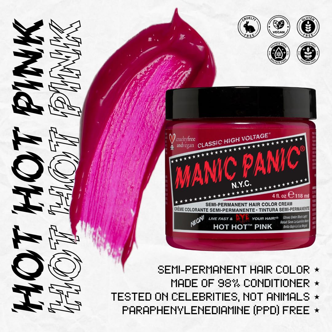 MANIC PANIC Classic Hot Hot Pink Semi Permanent Hair Color - Neon Pink Hair Dye for Women & Men That Lasts 4-6 Weeks - Vegan, Ammonia & Cruelty-Free - Create & Mix Custom Shades (4oz / 3pk)