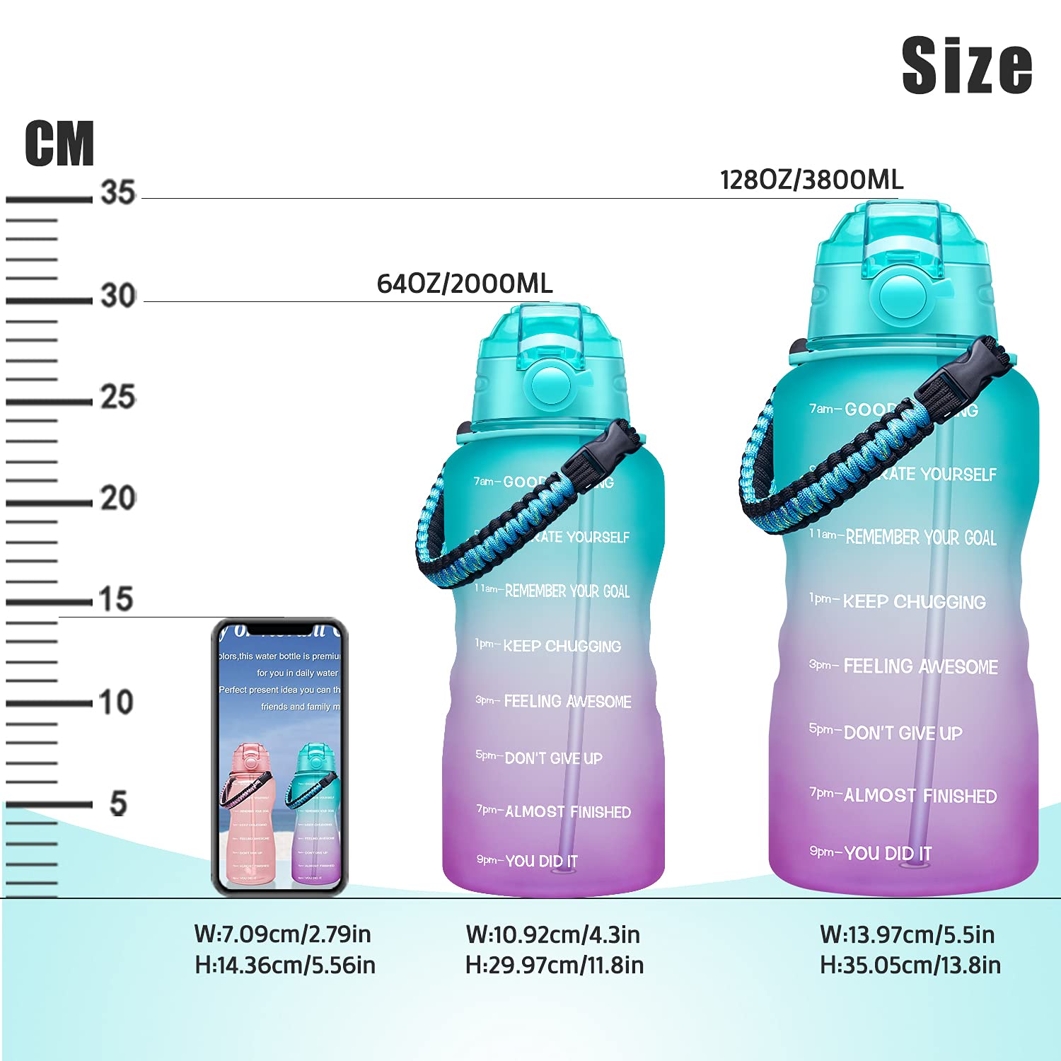 Fidus Large 1 Gallon Motivational Water Bottle with Paracord Handle with Removable Straw BPA Free Leak Proof Time Marker with Time Marker for Reminding Enough Water for Every Day 1 Gallon