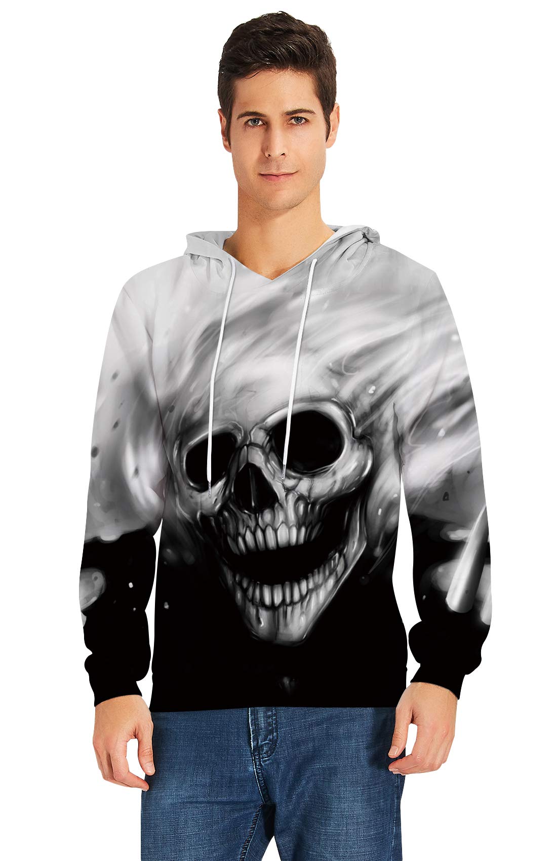 Modest Fun Novelty Hoodies Black Halloween Skull Graphic Winter Sweatshirts Competitive Adjustable Drawstring Hooded Pullover Jackets for Couple Female Male Casual Holiday Vacation Daily Wear