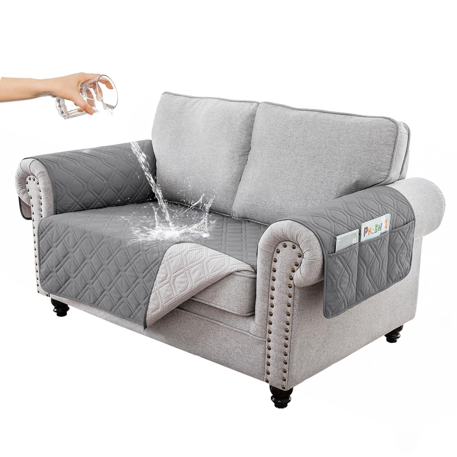 RAPRAP 100% Waterproof Sofa Cover with Side Pockets, 2 Seater Sofa Protector for Children Pets Dog, Durable Non-Slip Two Seater Couch Covers, Washable, Gray,2 Seater