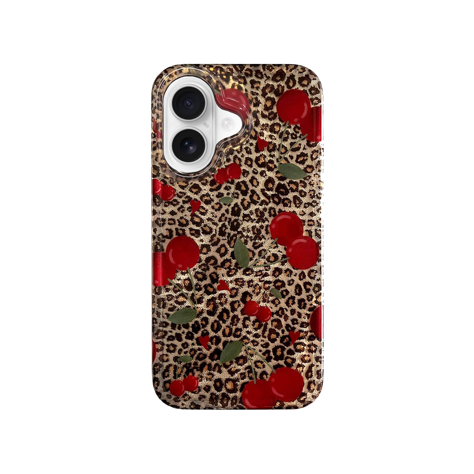 aaknhen Cute Cherry Phone Case for iPhone 16,Trendy Leopard Cheetah Print Soft Slim Glitter Protective Bumper Bling Aesthetic Cases Cover for iPhone 16 6.1'' Girl Women-Red Cherries