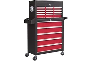 HOMCOM 14 Drawer Rolling Tool Chest, Lockable Tool Storage Cabinet with Detachable Top Toolbox, Protective Liner, Pegboard an