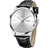 OLEVS Mens Watches, Dress Waterproof Classic Analog Casual Luxury Wrist Watch for Men with Date, Easy to Read Relojes para Hombres Male Quartz Wristwatch with Brown Black Leather Band Blue Black Dial