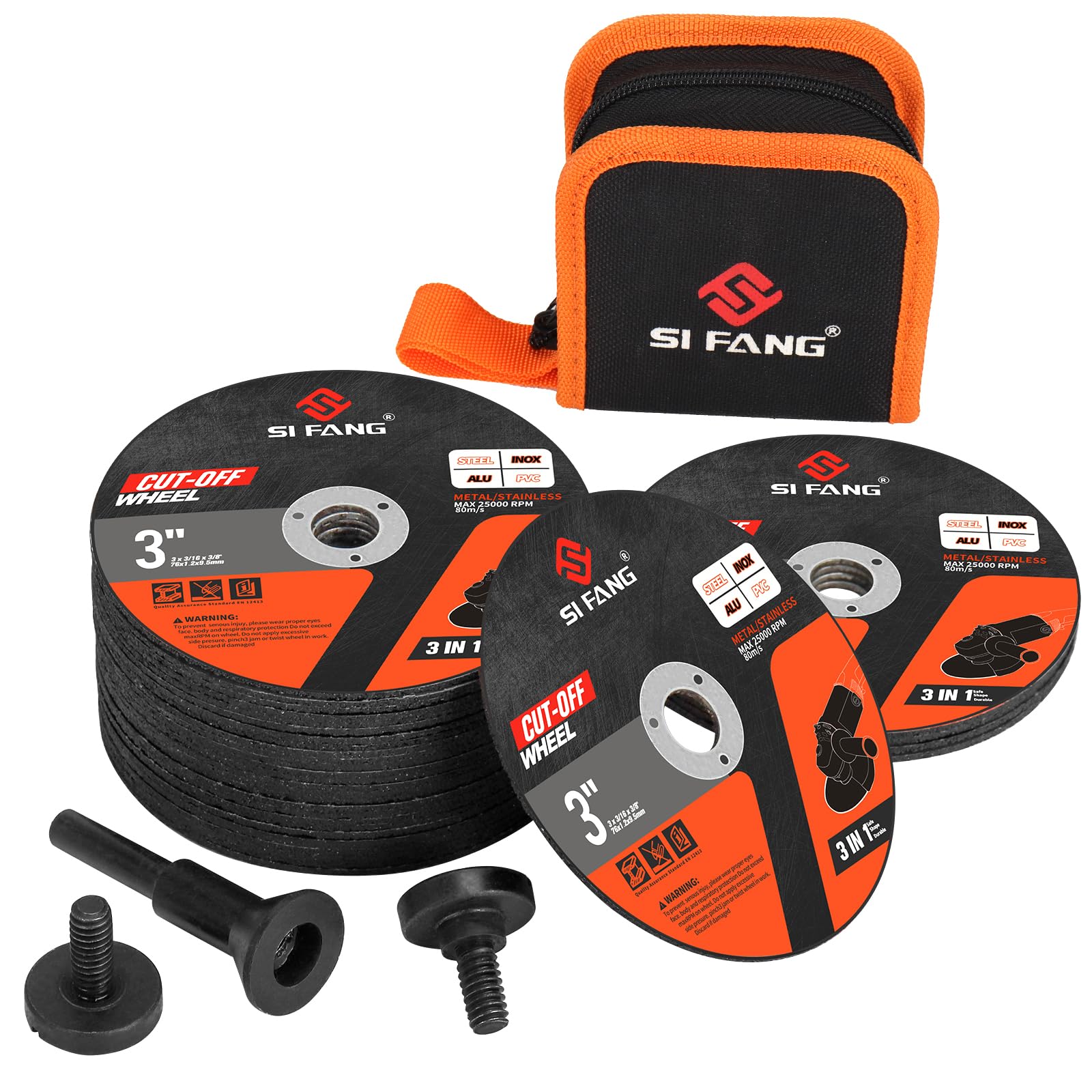 Photo 1 of SI FANG 25Pcs 3 inch Cut Off Wheels with 1/4 in Mounting Mandrel Kit for Die Grinder, 3/8" Arbor Cutting Wheel with Pouch for Metal & Stainless Steel Rotary Tool Drill Attachment Cutter Discs