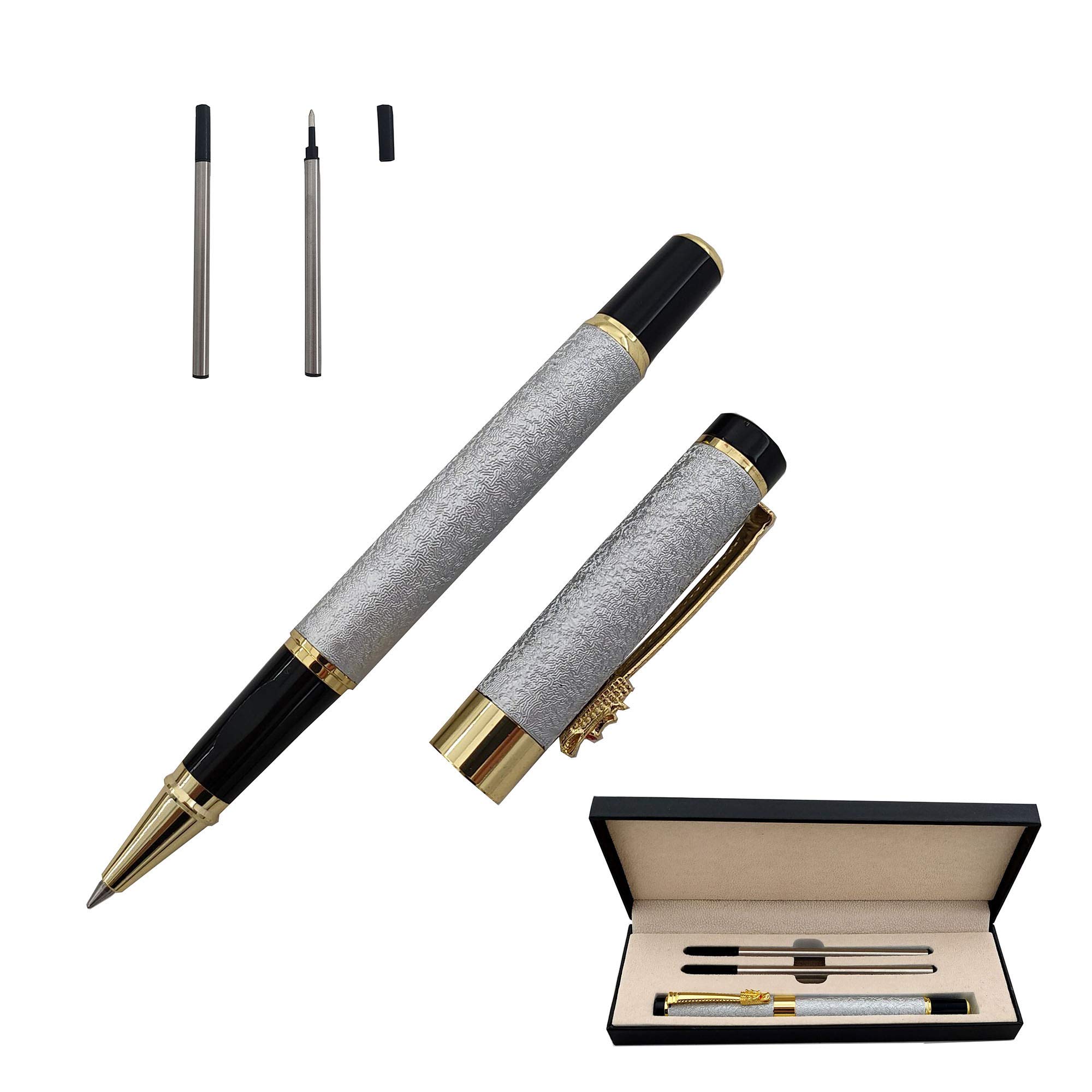 Accod Classic Business Metal Ballpoint Pen Signature Pen Rollerball Gel Pen High-end Gift Box with Two Replaceable Refills for Office Family and Business Partners (Silver)