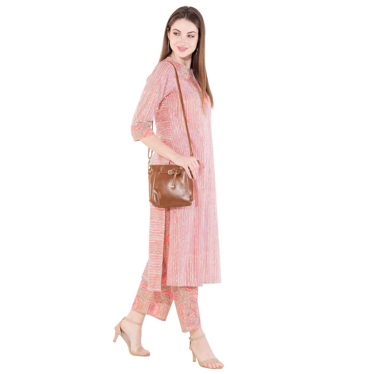 harshana women's printed kurta with palazzo set (pink)