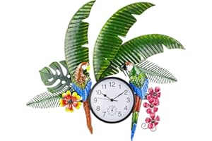 HOBYLUBY Outdoor Clock and Thermometer Combo, Parrot Outdoor Wall Clock Silent Non-Ticking, Outside Clock Metal Wall Art Decor for Patio, Garden, Home Decor