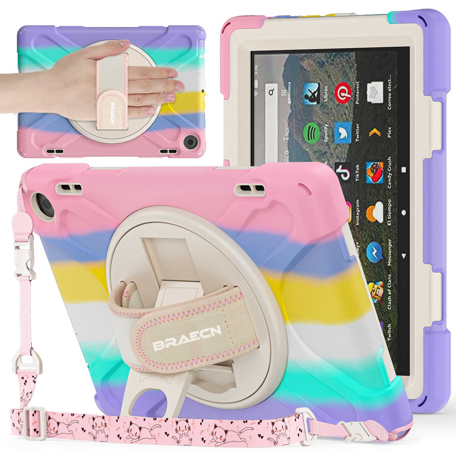 Photo 1 of BRAECNstock Kids Case for Amazon Fire HD 8 Tablet 12th Generation 2024/2022 8 inch with Rotating Hand Strap + Stand Shouler Strap Pen Holder Shockproof Protective Kindle Fire HD 8 Case - Colorful Pink