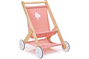 Mentari Toys - Baby Doll Stroller - Sturdy Wooden Toy Stroller with Rubber Trimmed Wheels - Pretend Play Baby Doll Accessorie
