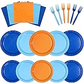 96Pcs Blue Theme Dog Birthday Party Decorations Blue Orange Dog Birthday Plates and Napkins Tableware Set Orange and Light Navy Blue Decoration for Boys Girls Cartoon Bday Party Supplies Serves 24