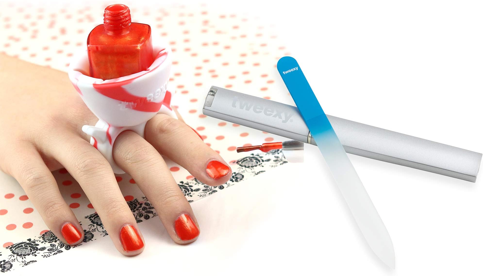 tweexy Creamsicle Wearable Nail Polish Holder + Blue Czech Made Glass Nail File