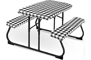 Moukeren 3 Pieces Picnic Table Cover for Kids with Bench Covers Fitted Tablecloth for Outdoors Vinyl Waterproof Cloth for Camping Home Goods Indoor Outdoor Patio BBQ(Black, White)