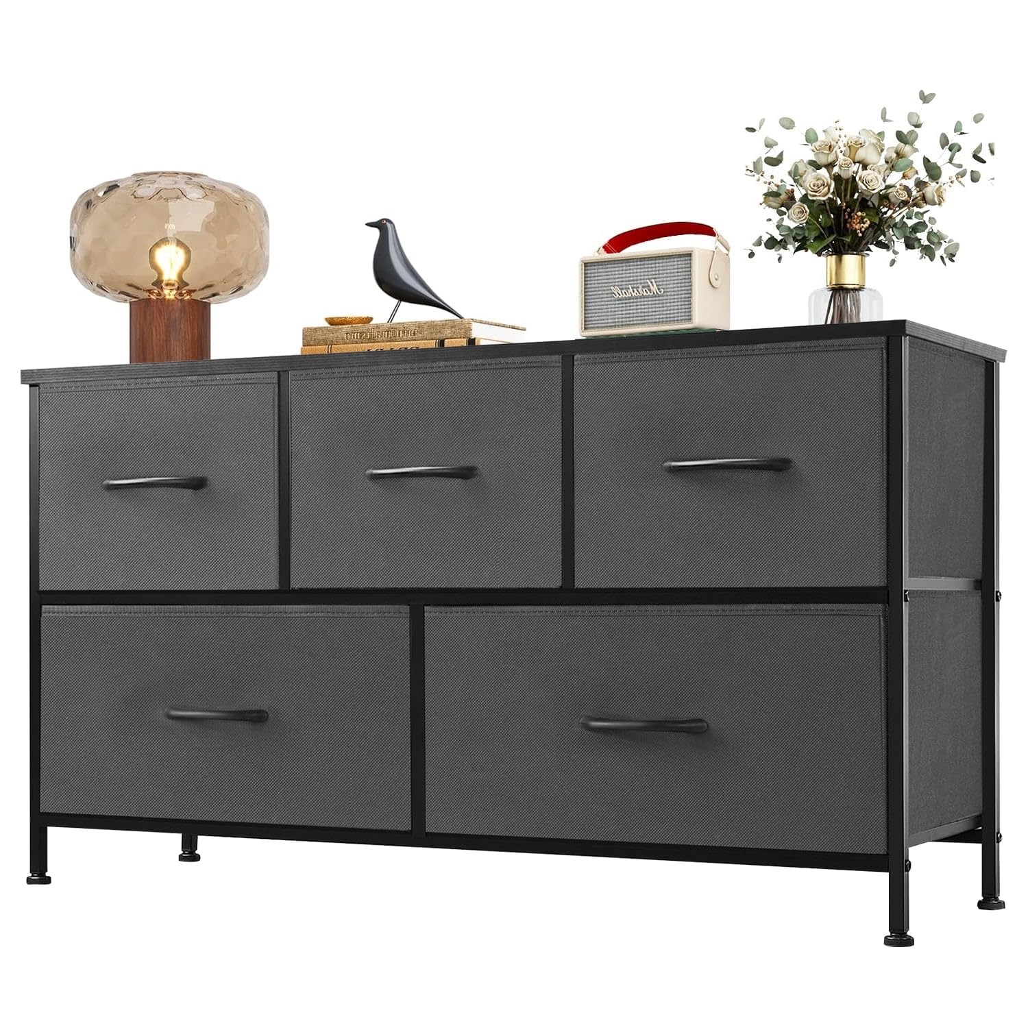 5-Drawer Dresser for Bedroom, Anti-Tip Wide Storage Organizer Fabric Chest of Drawers TV Stand for 45" TV with Wooden Top and Metal Frame for Closet, Living Room, Hallway, Entryway, Dark Gray