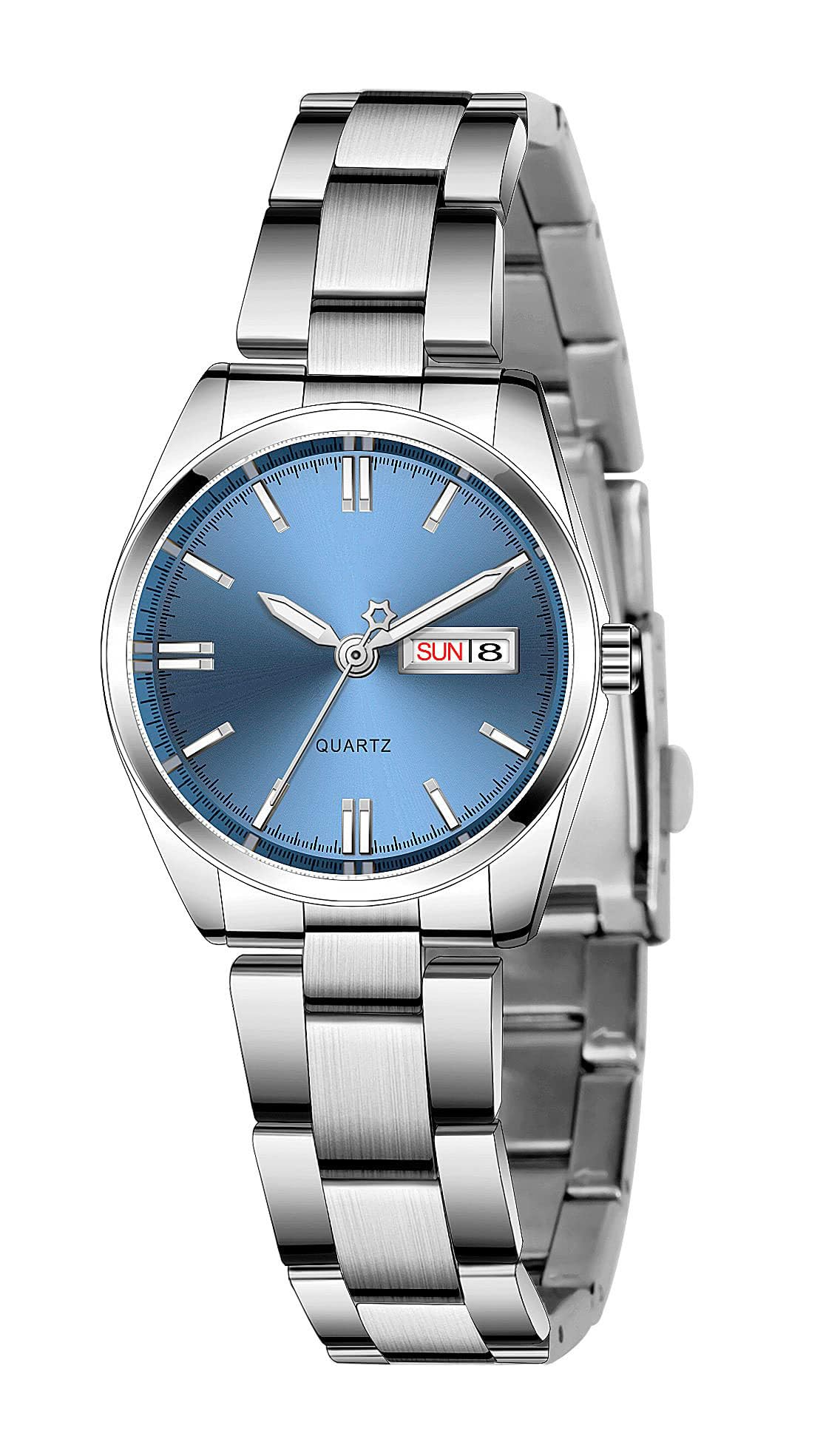 CARLIEN Women's Luxury Watches Luminous Waterproof Calendar Ladies Stainless Steel Dress Quartz Wrist Watch, Silver Blue, 29mm, Fashion, Classic, Simple