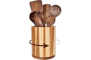 Wooden Utensil Holder, 360° Rotating 7.3'' Large Utensil Holder for Kitchen Counter, Acacia Wood Kitchen Utensil Organizer fo