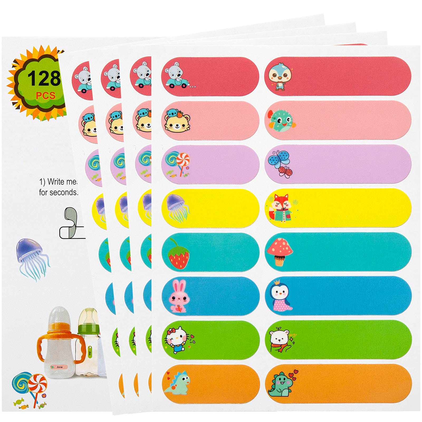 Waterproof Name Stickers for Kids School Supplies, 128 PCS Baby Bottle Labels for Daycare, Toddler Self-Laminating, Dishwasher Safe, Preschool Labels for Sippy Cup, Lunch Box