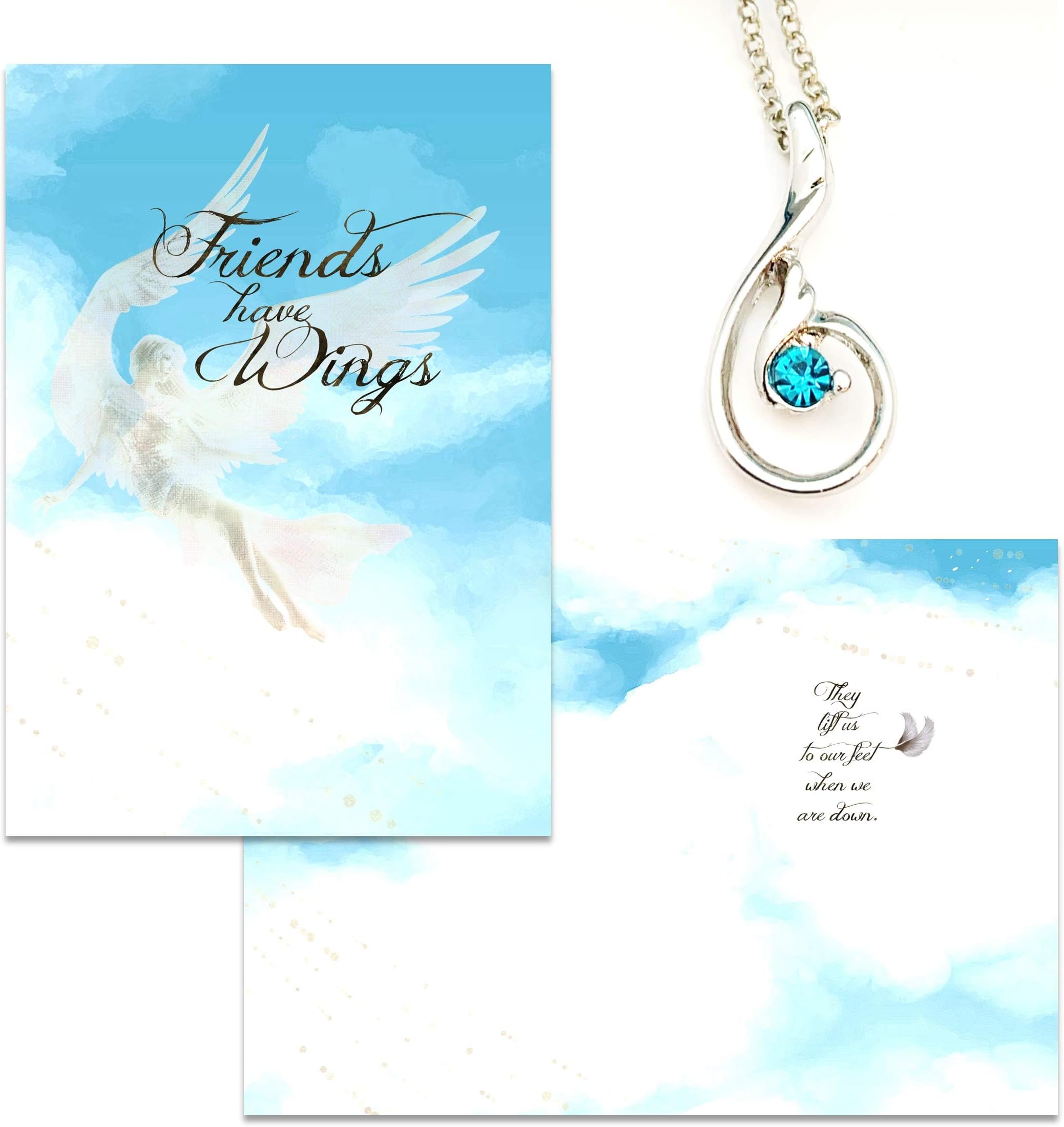 Smiling Wisdom - Friends Have Wings, They Lift Us To Our Feet When We Fall Greeting Card and Necklace Gift Set - Women Best Friend - Aqua Angel Wing