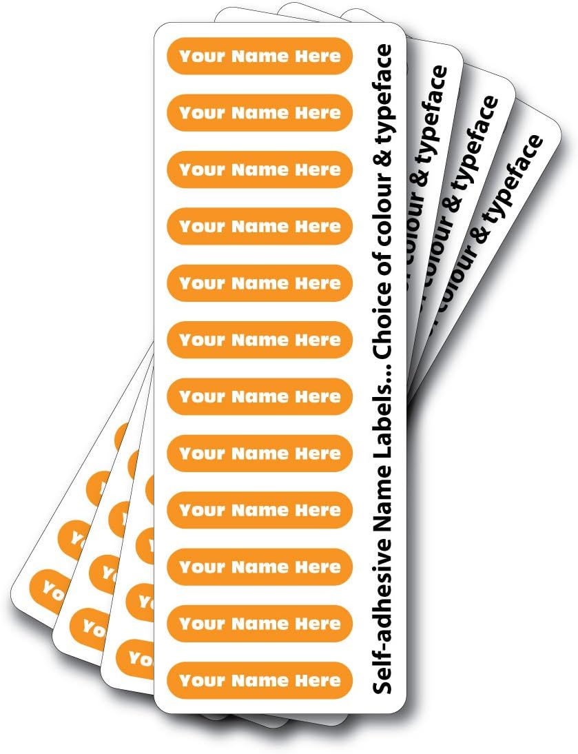 Name Labels, Stick on Name Labels, Name Stickers, Orange 48 Pack Including Over LAMINATES, Choose Your Colour and Typeface, Skinny, Waterproof. …