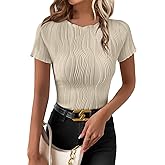 EVALESS Womens Short Sleeve Textured Tops Summer Casual Crewneck Solid Slim Fitted Basic T Shirts Tee Blouses