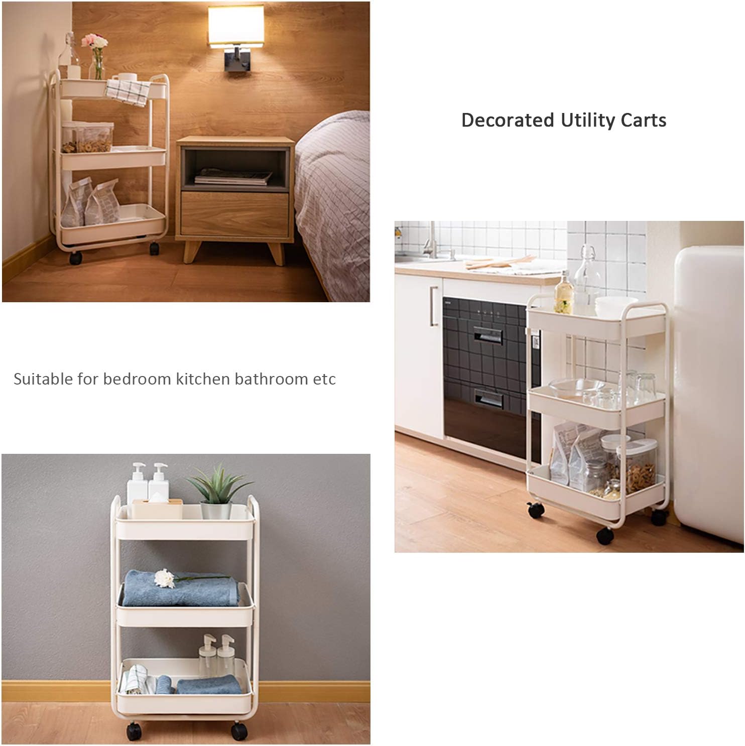 Buruis 3-Tier Rolling Utility Cart Metal Storage Shelves Multifunction Trolley with Utility Handles Easy Assembly for Kitchen, Office, Bedroom, Nursery Room, Pantry, Bathroom (White): Kitchen & Dining