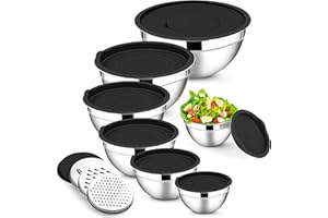 E-far Mixing Bowls with Lids Set, 7-Piece Stainless Steel Mixing Bowls with 3 Grater Attachments, Size 4.6, 3.5, 2.6, 2, 1.5, 1, 0.7QT, Metal Nesting Bowls & Black Airtight Lids, For Baking/Cooking