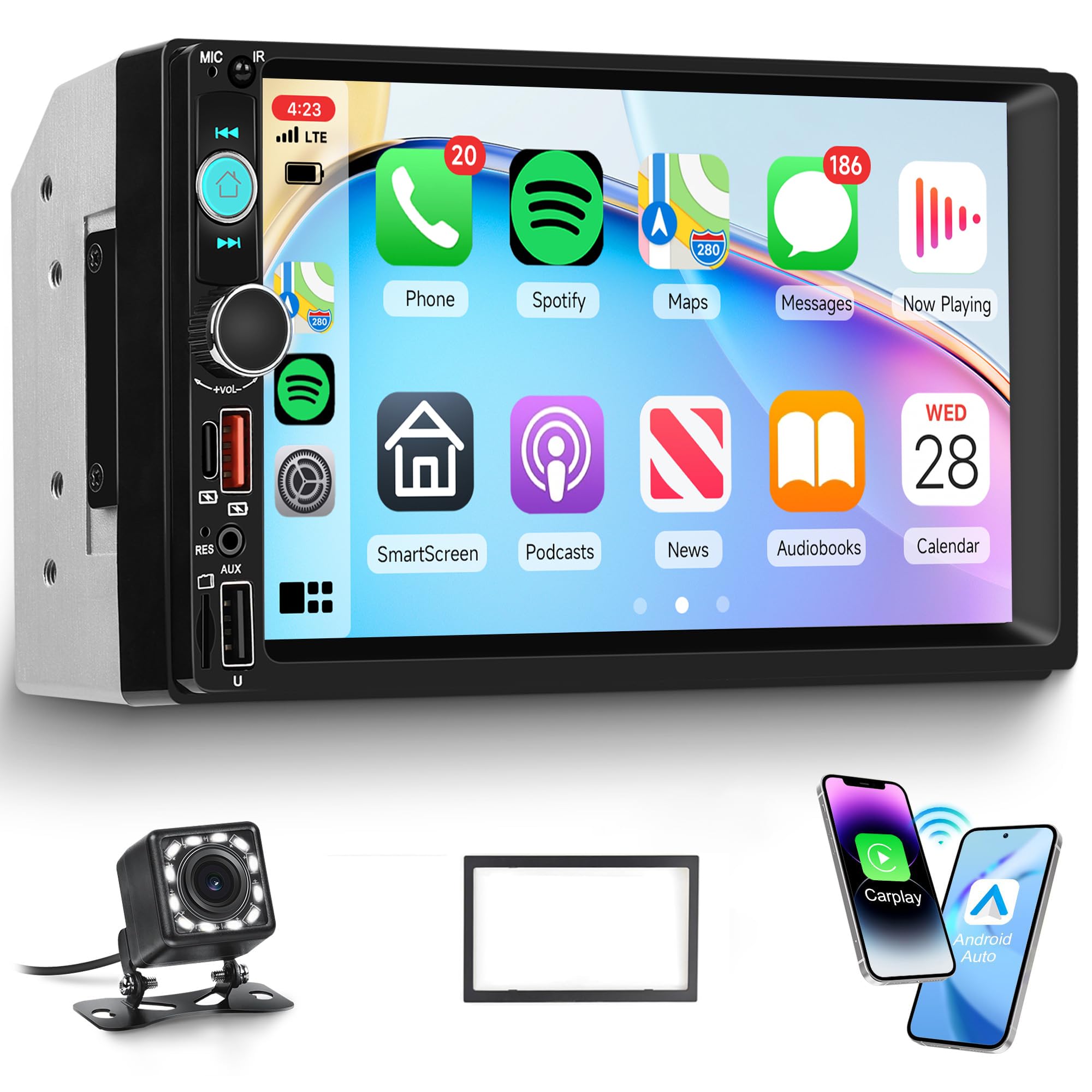 Photo 1 of 7 inch Double Din Car Radio Stereo, Wireless Carplay Android Auto, 2 Din Touch Screen Radio, Bluetooth Stereo Double Din, Backup Camera Mirror Link, FM EQ SWC Type-C USB Fast Charging, Video Playback