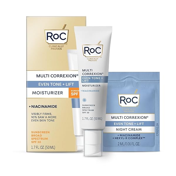 ROC MULTI CORREXION 5 IN 1 ANTI-AGING DAILY FACE MOISTURIZER WITH BROAD SPECTRUM SPF 30 & SHEA BUTTER, SKIN CARE ROUTINE, (1.7 OZ) WITH NIGHT CREAM PACKETTE (PACKAGING MAY VARY)