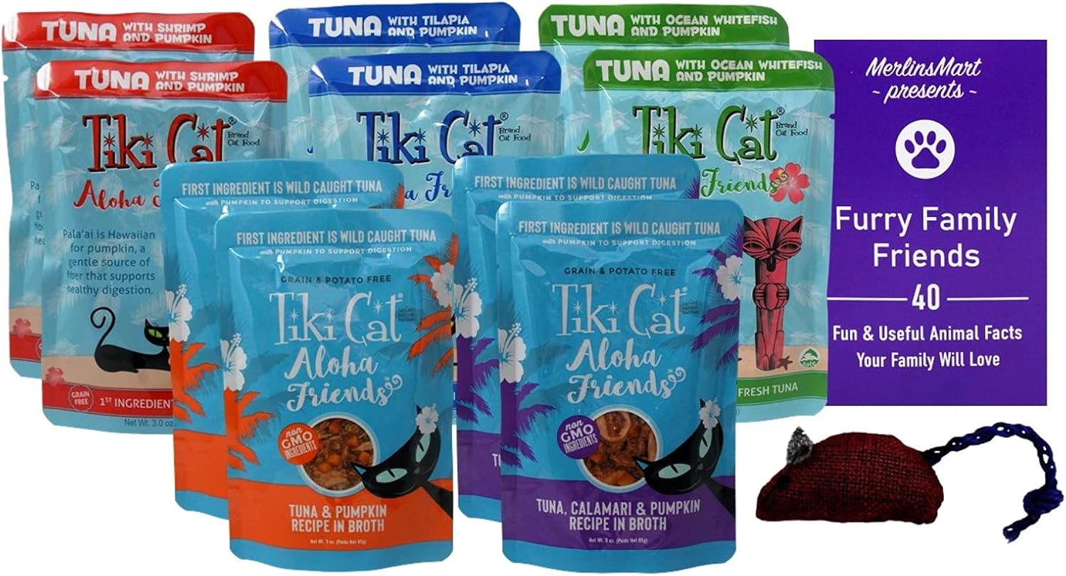 Tiki Cat Aloha Friends Grain Free Tuna Pumpkin Cat Food 5 Flavor Variety 10 Pouch Sampler - (2) each: Tilapia, Shrimp, Calamari, Whitefish, Pumpkin (2.5 Ounces) - Plus Toy and Fun Facts Booklet Bundle