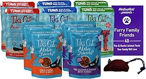 Tiki Cat Aloha Friends Grain Free Tuna Pumpkin Cat Food 5 Flavor Variety 10 Pouch Sampler - (2) each: Tilapia, Shrimp, Calamari, Whitefish, Pumpkin (2.5 Ounces) - Plus Toy and Fun Facts Booklet Bundle