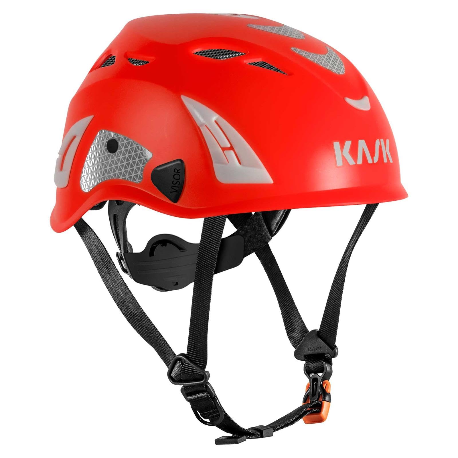 KASK Safety Helmet Superplasma HI VIZ - Industrial Safety Helmet, Rotating Wheel, Reflective Strips, EN 397, Color: Red