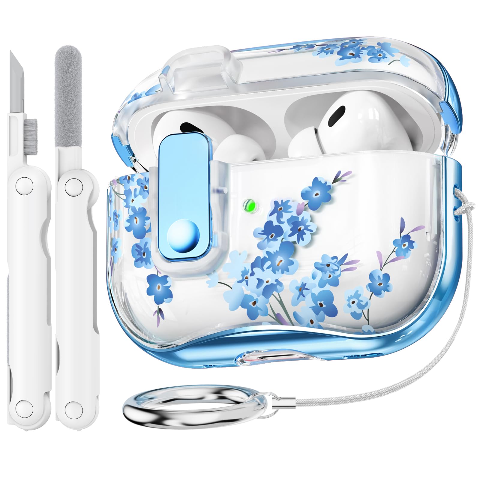 Photo 1 of ** USED** Polislime for AirPods Pro 2 Case Cover with Lock, Clear TPU Floral Cute Protective Case for Apple AirPod Pro 2nd/1st Generation Cases Women Girly, with Keychain & Cleaner Kit - Blue Bell Flower