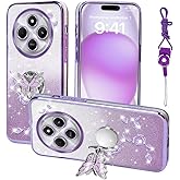 RTYQXK for Xiaomi Redmi 14c 4G Phone Case,for Poco C75 Mobile Phone Case for Women and Girl, Glitter Butterfly Floral TPU Protective Cover with Kickstand+Strap for Redmi A4 (Purple)