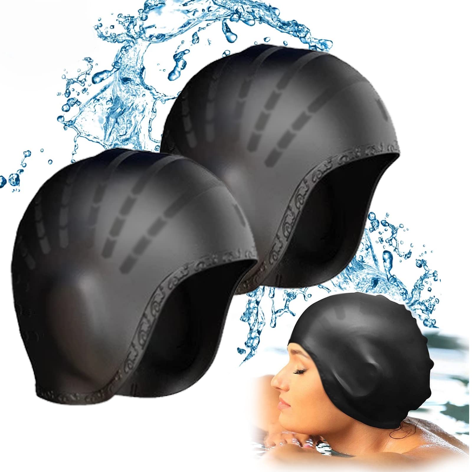 Sadodo 2PCS Pack Swim Cap,Cover Ears Swimming Cap Bathing Hat Silicone Waterproof, With Ear Protection For Unisex Aldult Women Man Pool Beach (Black 2PCS)
