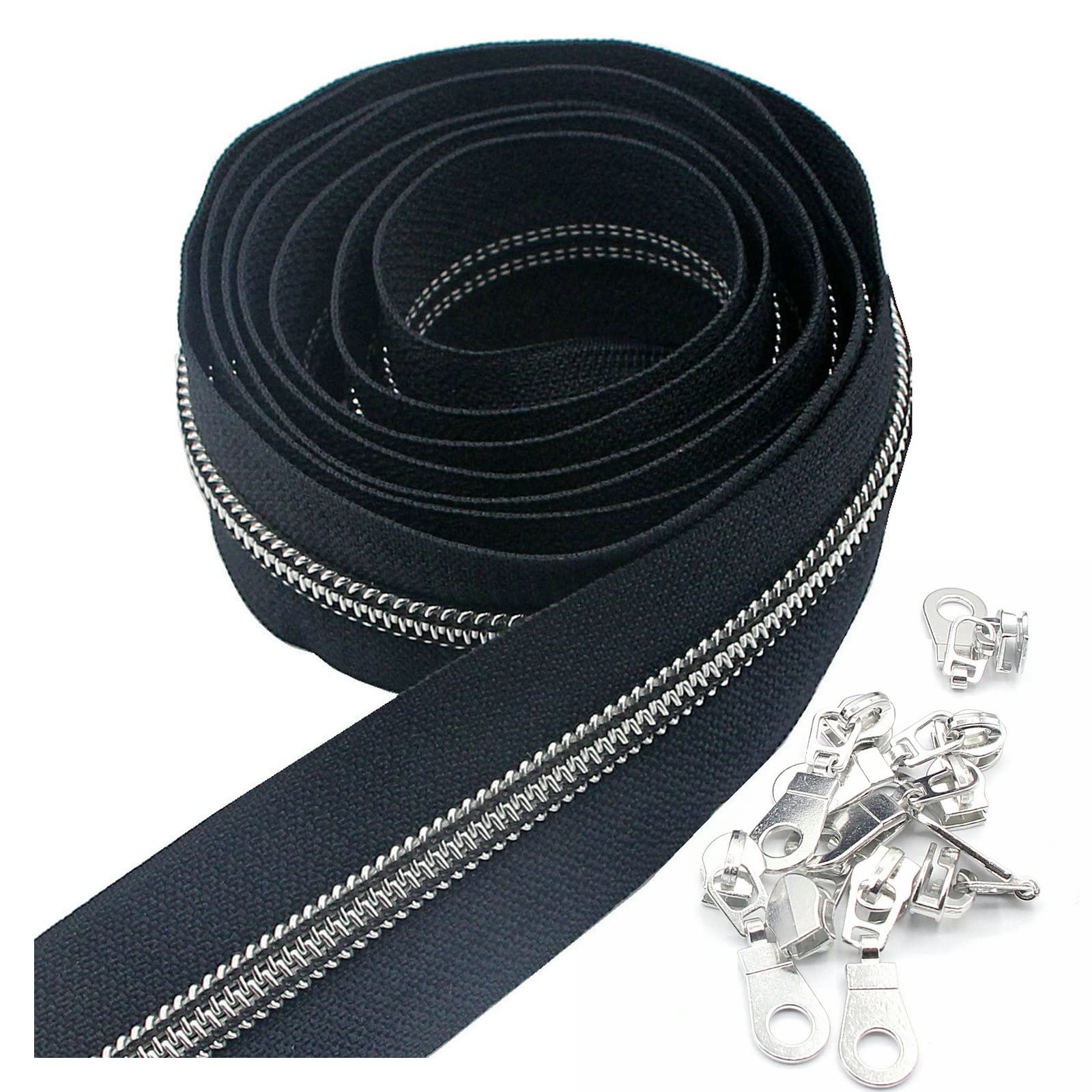 Leekayer #5 Silver Metallic Nylon Coil Zippers by The Yard Bulk 10 Yards Dark Blue Tape with 25pcs Silver Sliders for DIY Sewing Tailor Craft Bag(Dark Blue Tape
