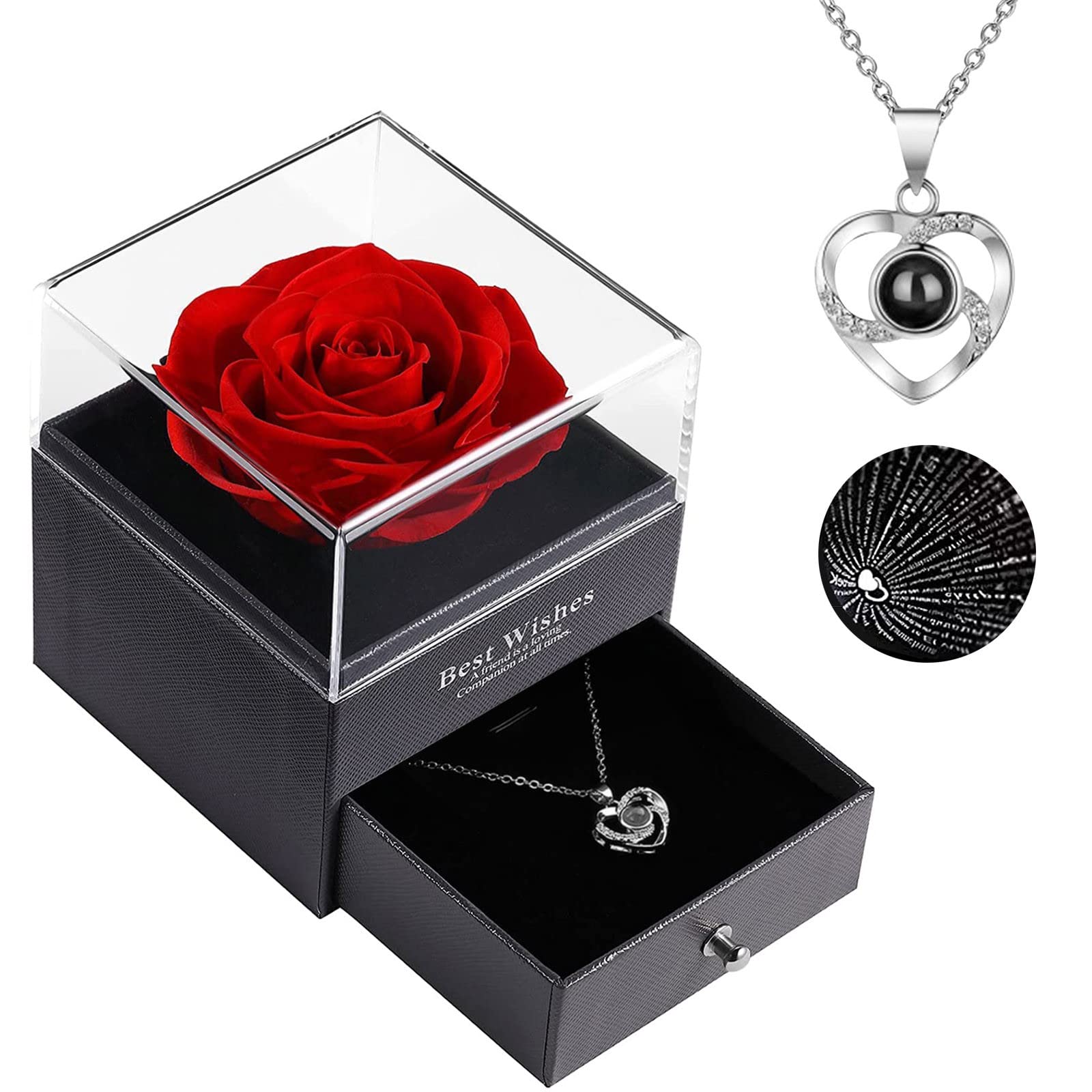 Rose Eternelle Avec Argent 925 Collier Coeur,Pendentif Coeur Avec Rose ConservéE,Collier Femme BoîTe De Roses,Rose StabiliséE Rouge,Amour Cadeau, Fete Des Meres, NoëL, Saint-Valentin,Anniversaire (A)