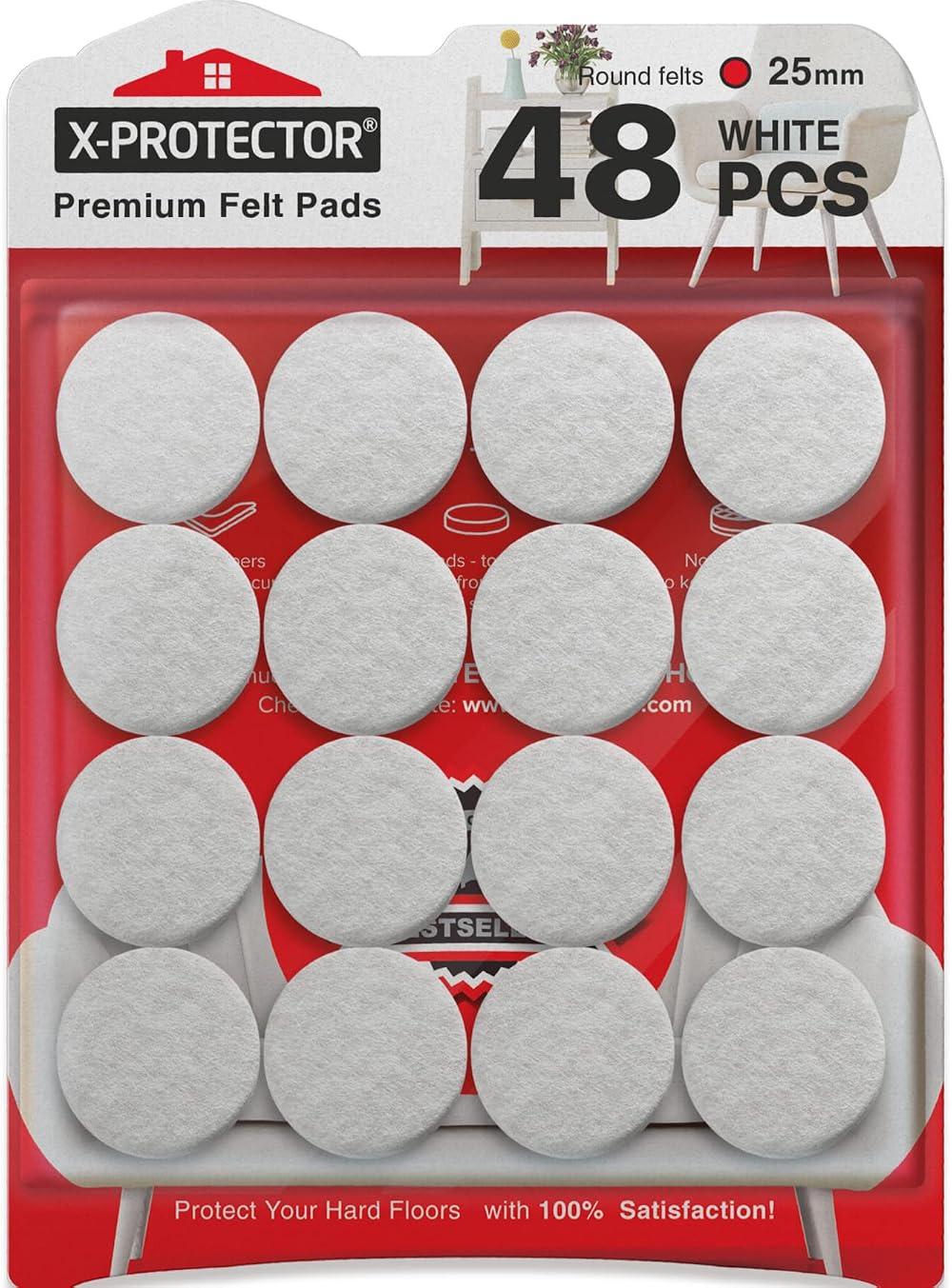 X-Protector Chair Pads 48 Pack Felt Furniture Floor Protectors 25mm