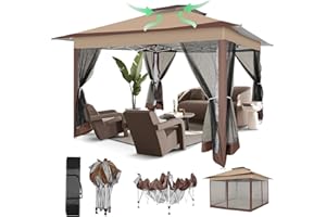 COBIZI 12x12 Pop Up Gazebo On Clearance Canopy Tent- Upgrade Metal Outdoor Canopy Waterproof - Portable Gazebo with Mosquito Nettings, 4 Ropes 8 Stakes and Carry Bag for Patio Garden(Coffee)